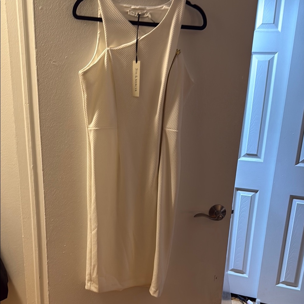 White Sheath Midi Dress with gold zipper accent